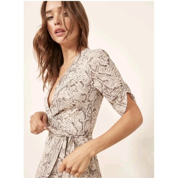 REFORMATION Monica Wrap Dress Mini Snakeskin Print Size SX Animal Print Boho - Picture 3 of 9